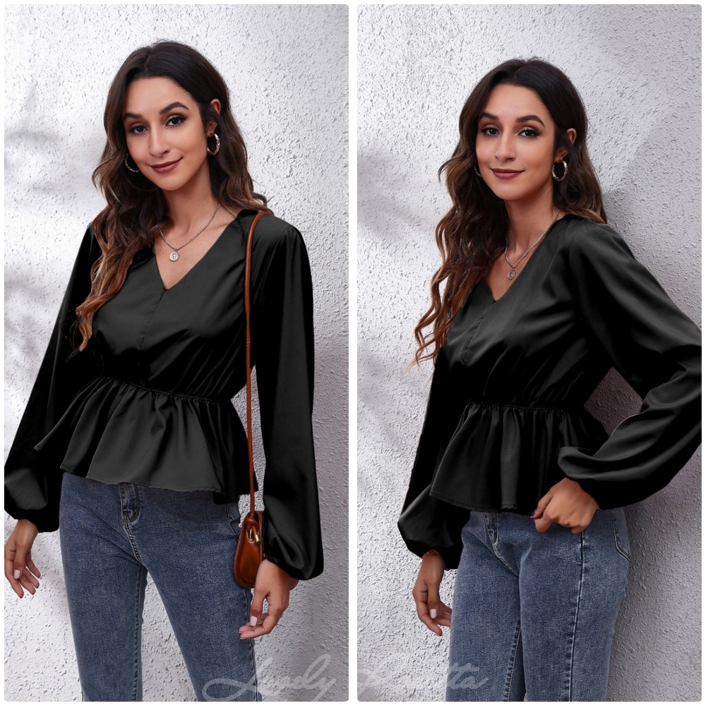 Black V-Neck Peplum Top with Stylish Balloon Sleeves - Picture 2 of 10